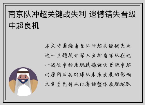 南京队冲超关键战失利 遗憾错失晋级中超良机